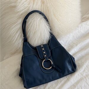 Y2K Vintage Navy Blue Leather Shoulder Buckle Bag